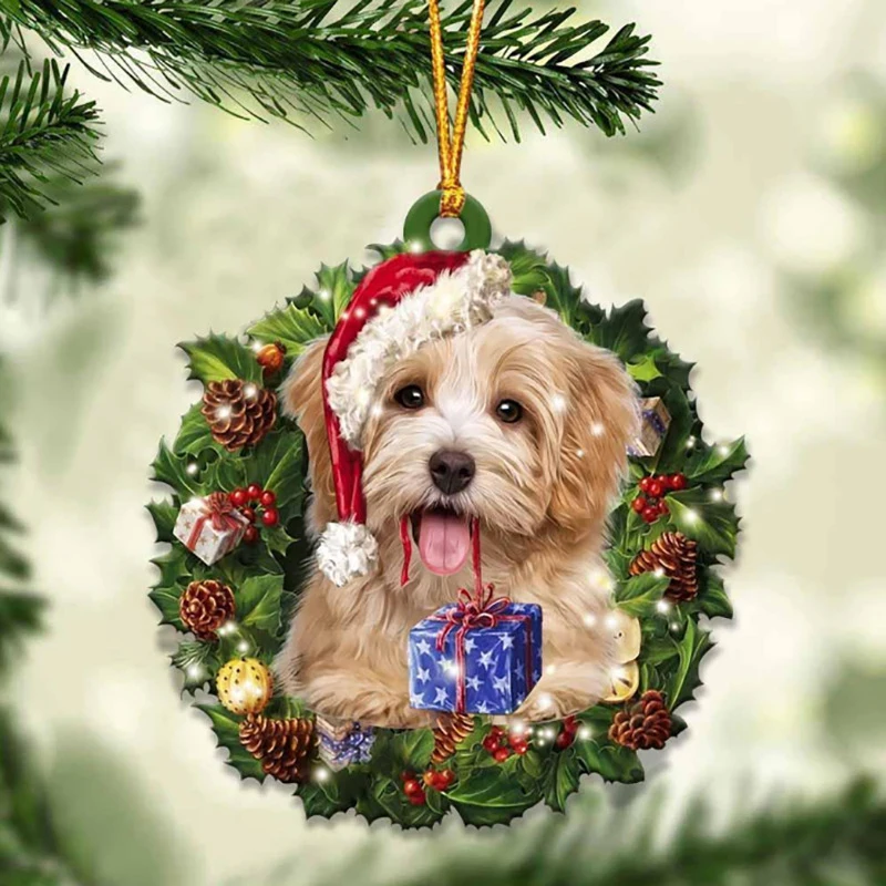 Adornos para árbol de Navidad, acrílico 2D, lindo perro durmiendo en una taza, colgantes, adornos para el hogar, Navidad, Año Nuevo, suministros para fiestas