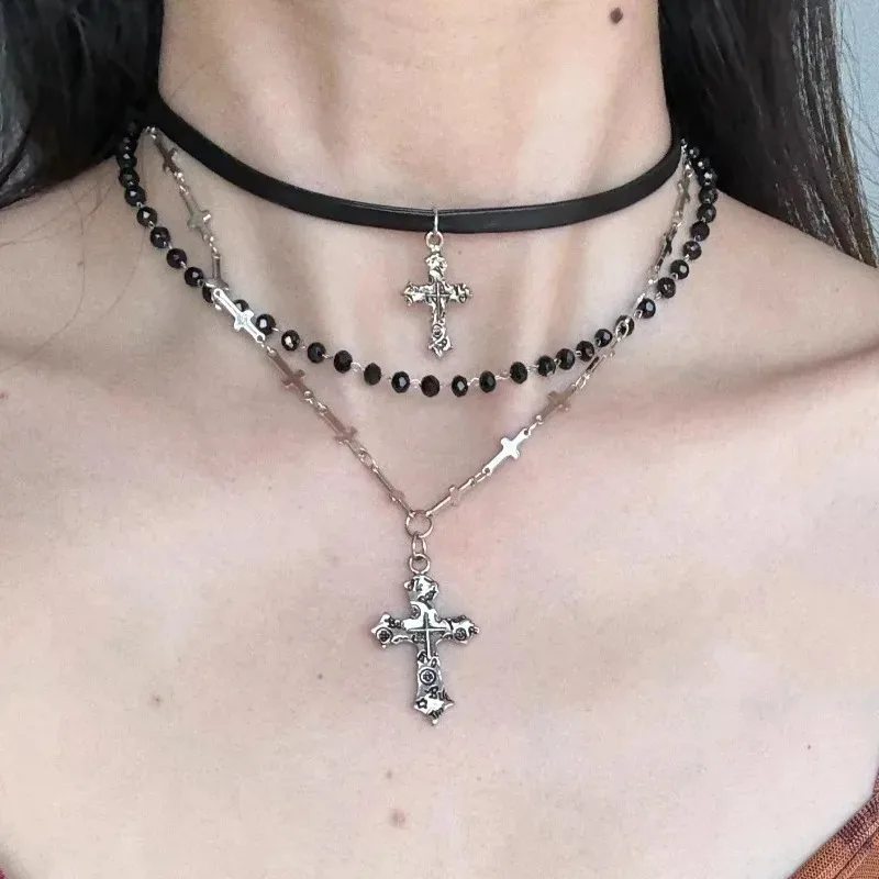 New Spicy Girl Multi-layer Cross Necklace Punk Bead Long Pendant Retro Sweet Cool Hip-hop Women's Gift Creative Fashion