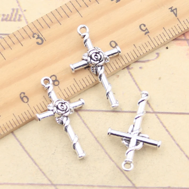 십자가 장미 꽃 참, 티베트 실버 컬러 펜던트, 앤티크 주얼리 제작, DIY 수제 공예, 26x15mm, 20 개