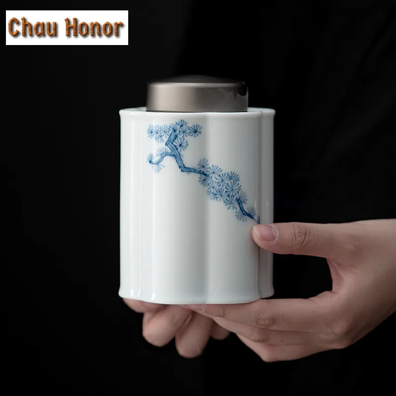 Japanese White Porcelain Tea Can Hand-painted Pine Wind Art Ceramic Tea Storage Household Moisture-proof Pot Sealed Jar Tea Item