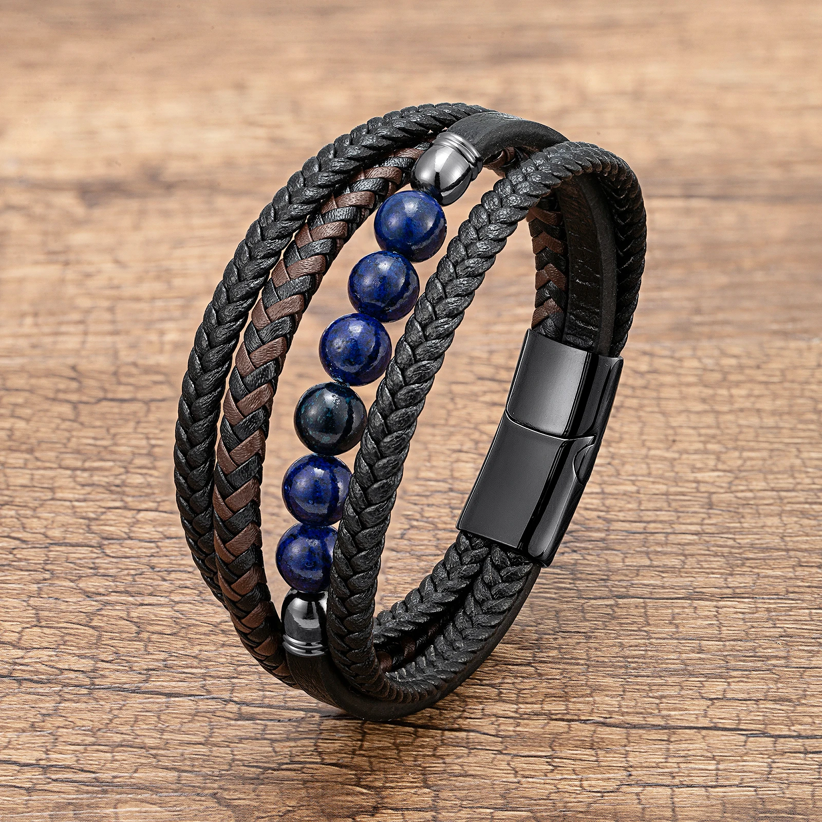 Moda multi-camada trançado em camadas pulseira de couro aço inoxidável fivela magnética pulseiras para masculino feminino pulseira de jóias