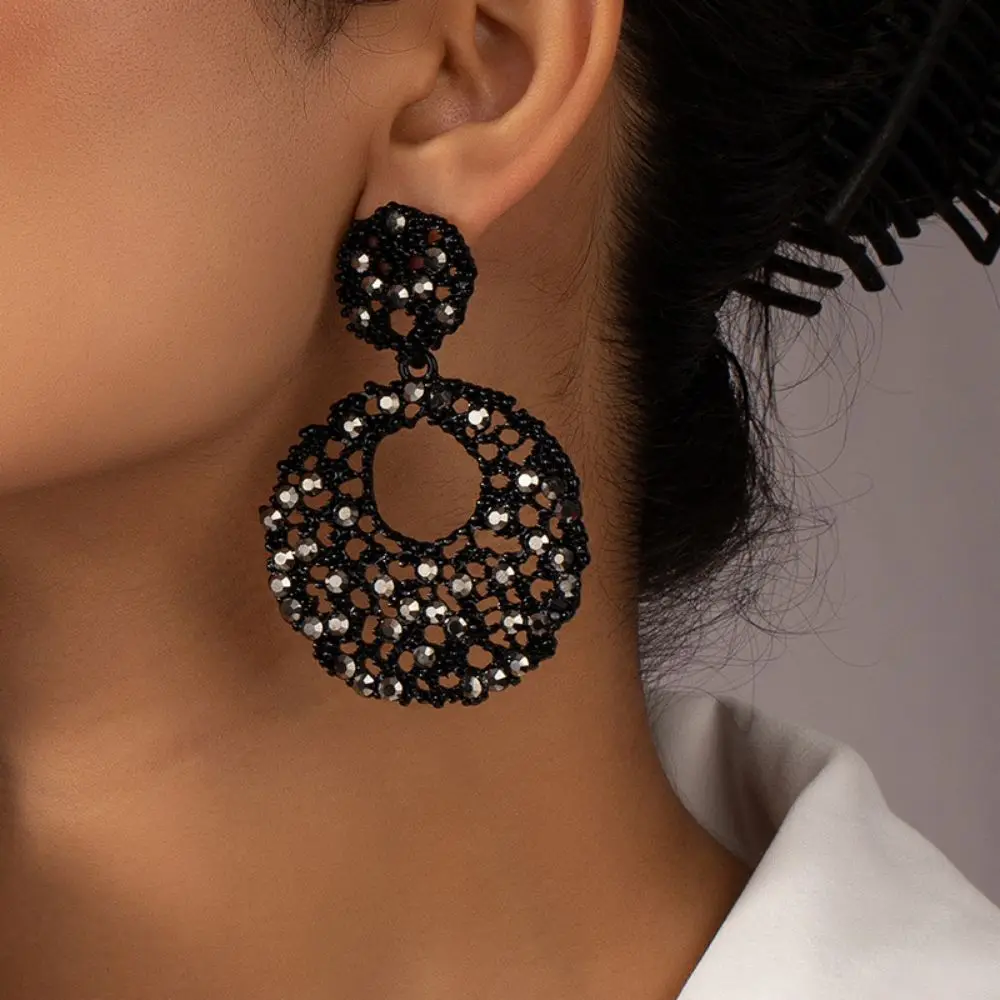 

Fashion Geometric Round Hollow Acrylic Drop Earrings for Women Black Zircon Crystal Dangle Earrings Jewelry Gift