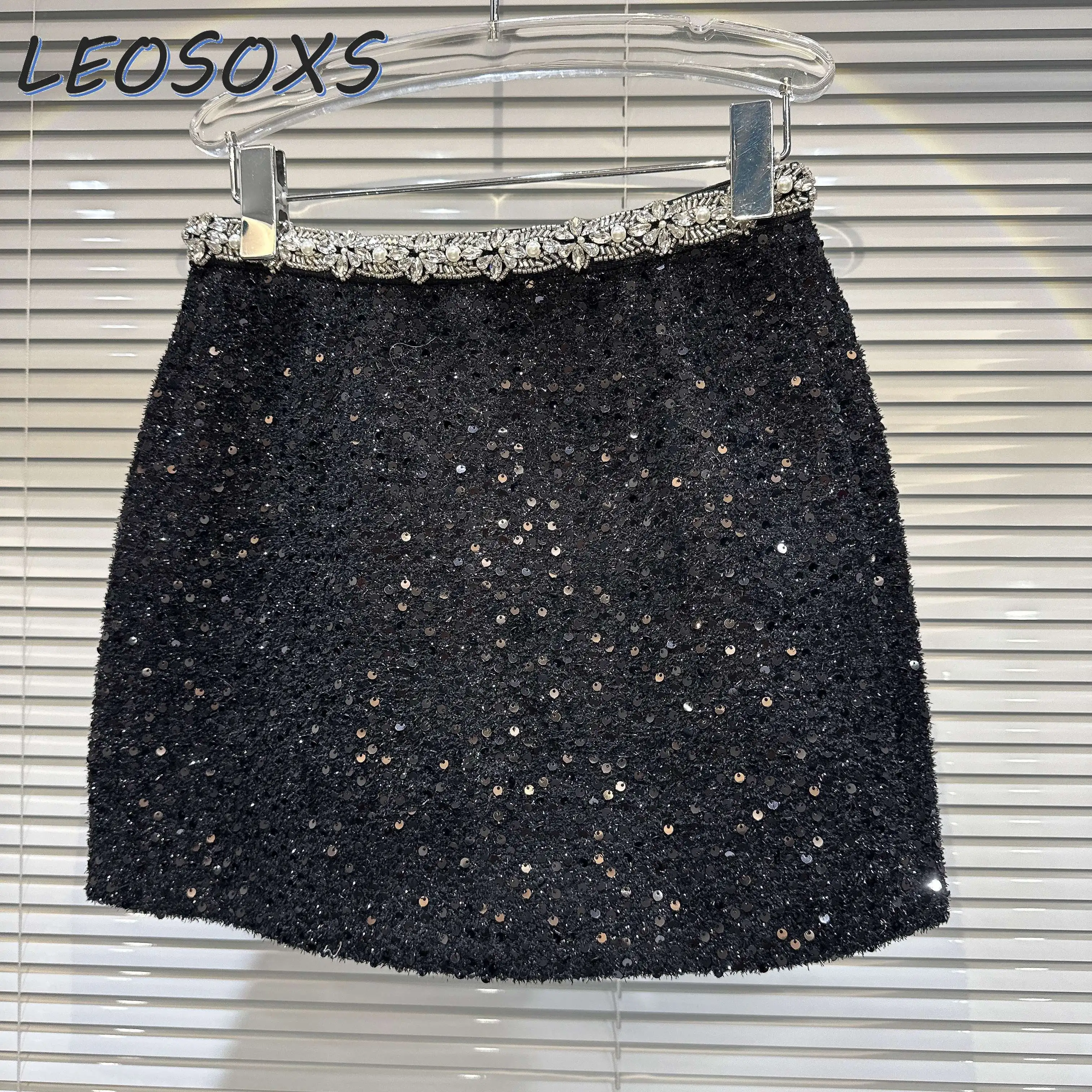 Autumn Winter New Rhinestone Beaded Waist Head Hot Girl Sequins Short Woolen Skirt Women's High Waist Sheath Black Mini Skirts