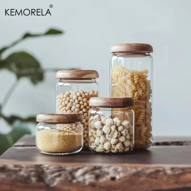 KEMORELA 330/500/750/1000ML Glass Storage Jar with Wooden Lids Countertop Seasoning Bottle Spice Jar Tea Candy Rice Pepper Jar 5