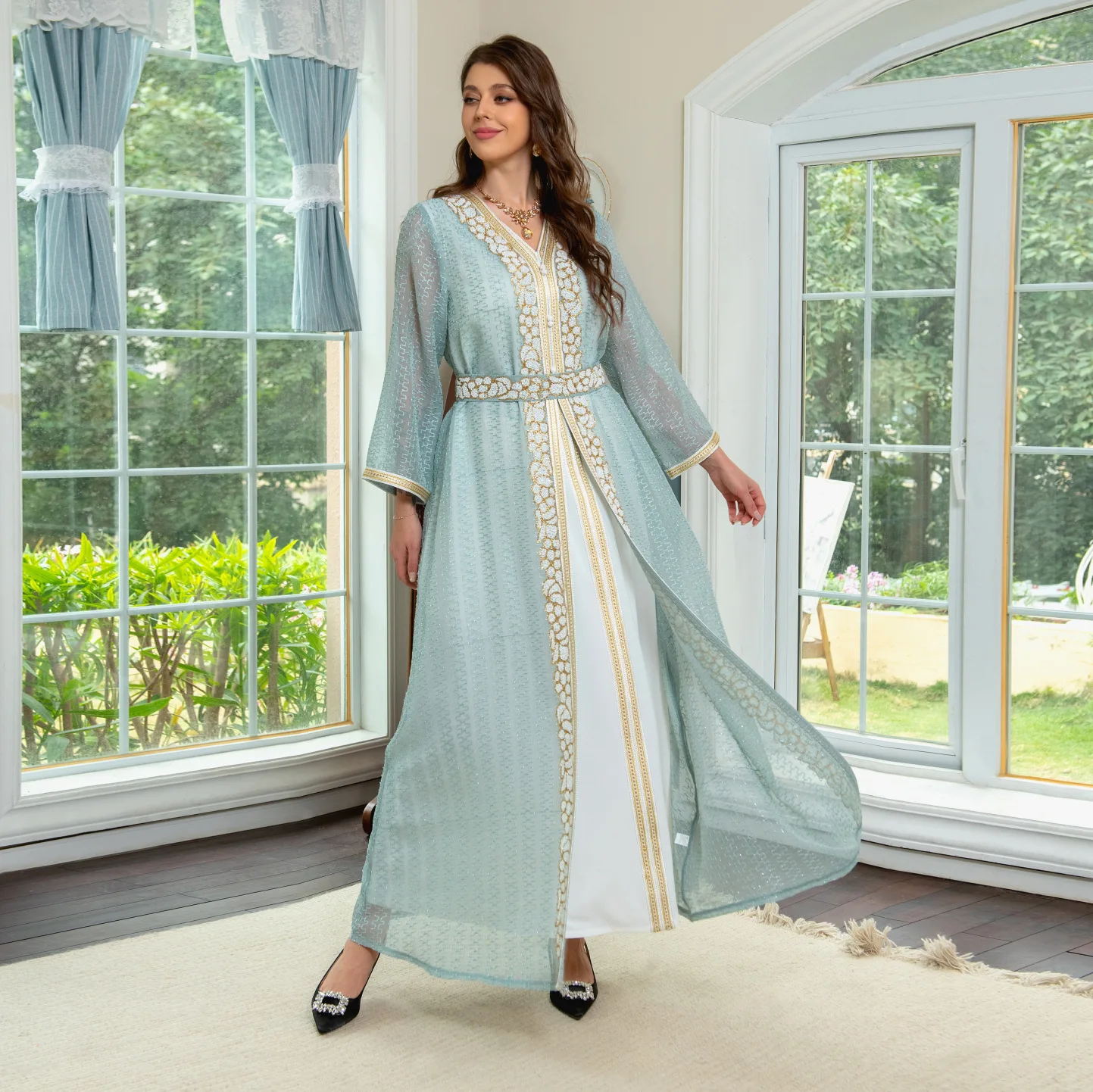 

Fashion Muslim Sets Sleeveless Under Dress and Bleted Sequins Long Dresses Galabia Ramadan Jellabiya Saudi Arab Kaftan Dress Set