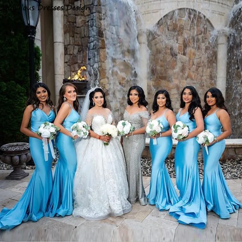 

Light Blue Long Bridesmaid Dresses Sexy V-neck Backless Spaghetti Straps Mermaid Wedding Party Dress Sweep Train Maid Of Honor