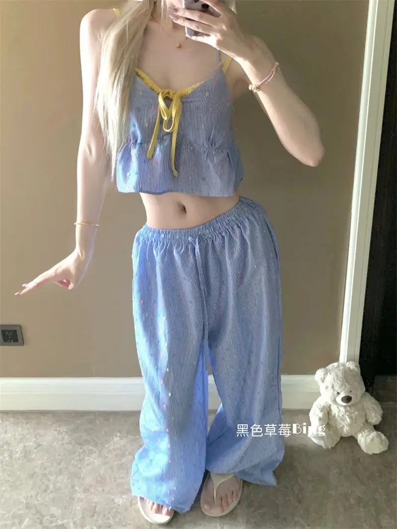Y2K Two Piece Set Women Baggy Pants For Women Elastic Low Waist Pants Sweatpants Loose Trousers Camisole Top