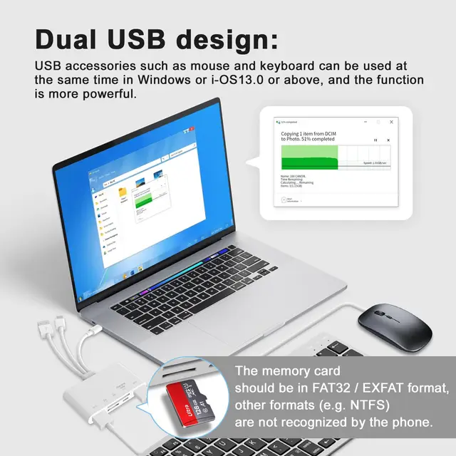Lector de tarjetas de memoria Lightning a SD TF, adaptador USB OTG 5 en 1 con puerto de carga para iPhone, iPad, Xiaomi, Samsung, Huawei, MacBook - Imagen 5
