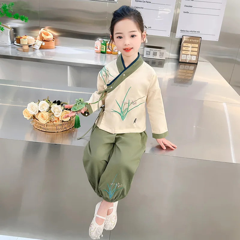 

Girls' Tang Dynasty Hanfu Spring Top 2024 New Children's And Autumn Clothing Chinese Style Long Sleeved Pant Suit Retro Printing