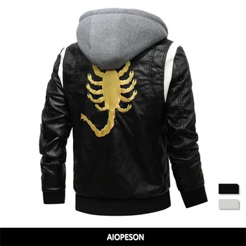 Leather Men's Jacket Removable Hooded Scorpion Embroidery Motorcycle Jacket 1