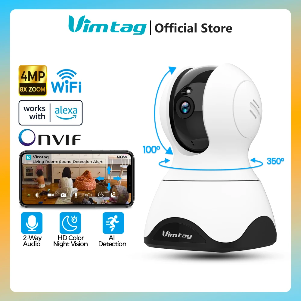 VIMTAG 실내 무선 보안 감시 IP 카메라, 와이파이 360 ° PTZ 4M..