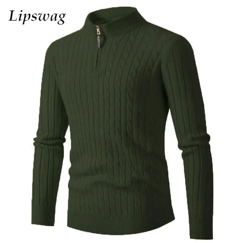 

Fall Casual Knitted Tops Mens Vintage Half High Collar Zipper Sweaters Winter Men Leisure Solid Long Sleeve Slim Knit Pullovers