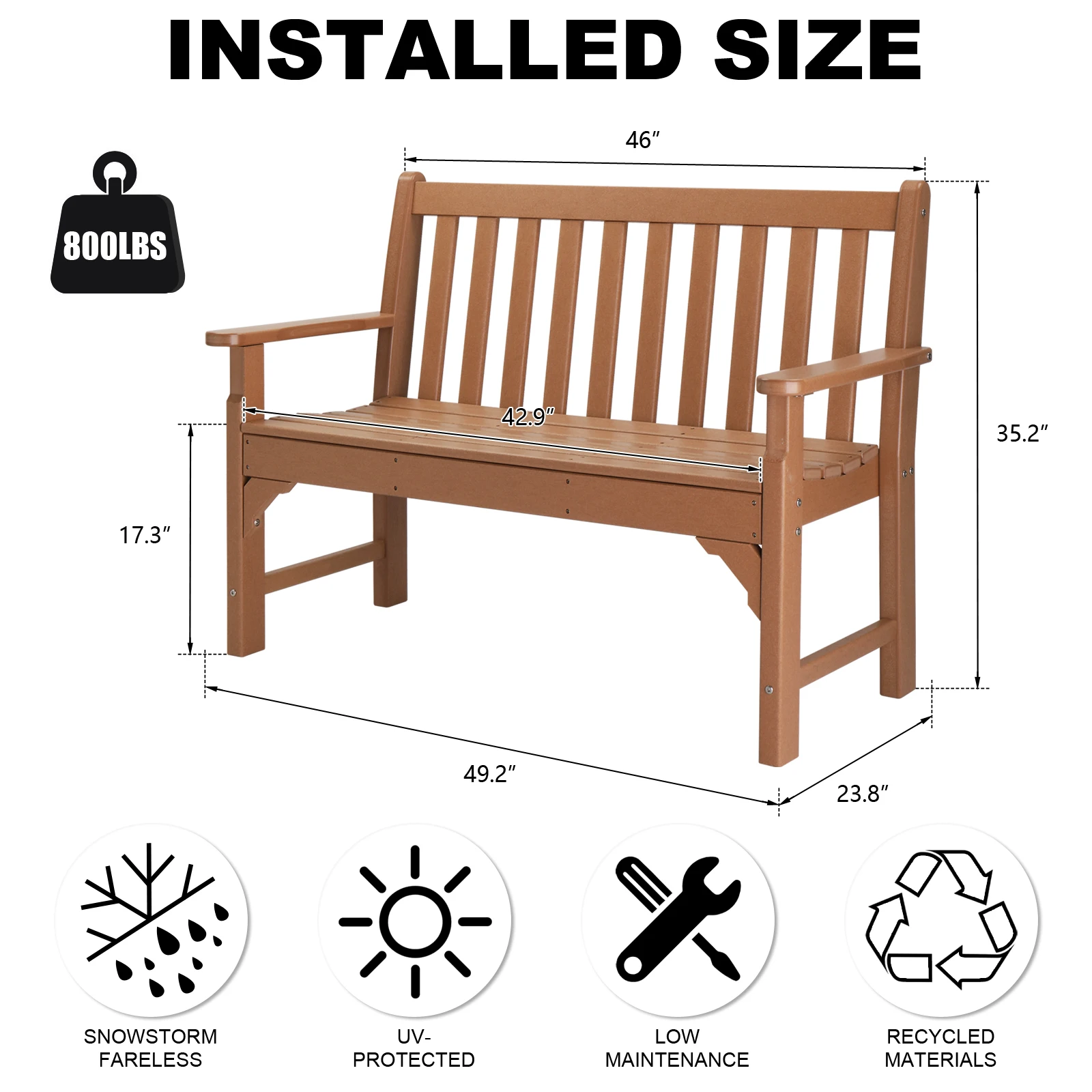 49in Vertical Backrest Teak Color HDPE Bench 2