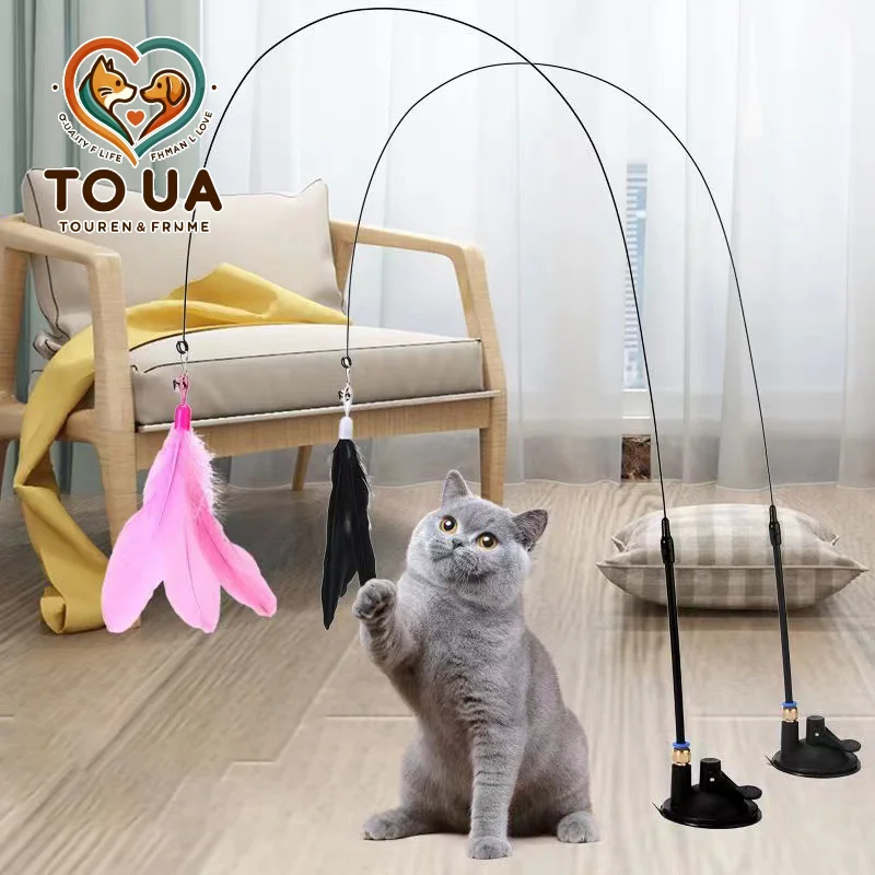 Cats Toys Feathers Wand Interactive Toy Kitten Toys Detachable 2 PCS Feather Replacements Cat Accessories with Super Suction Cup