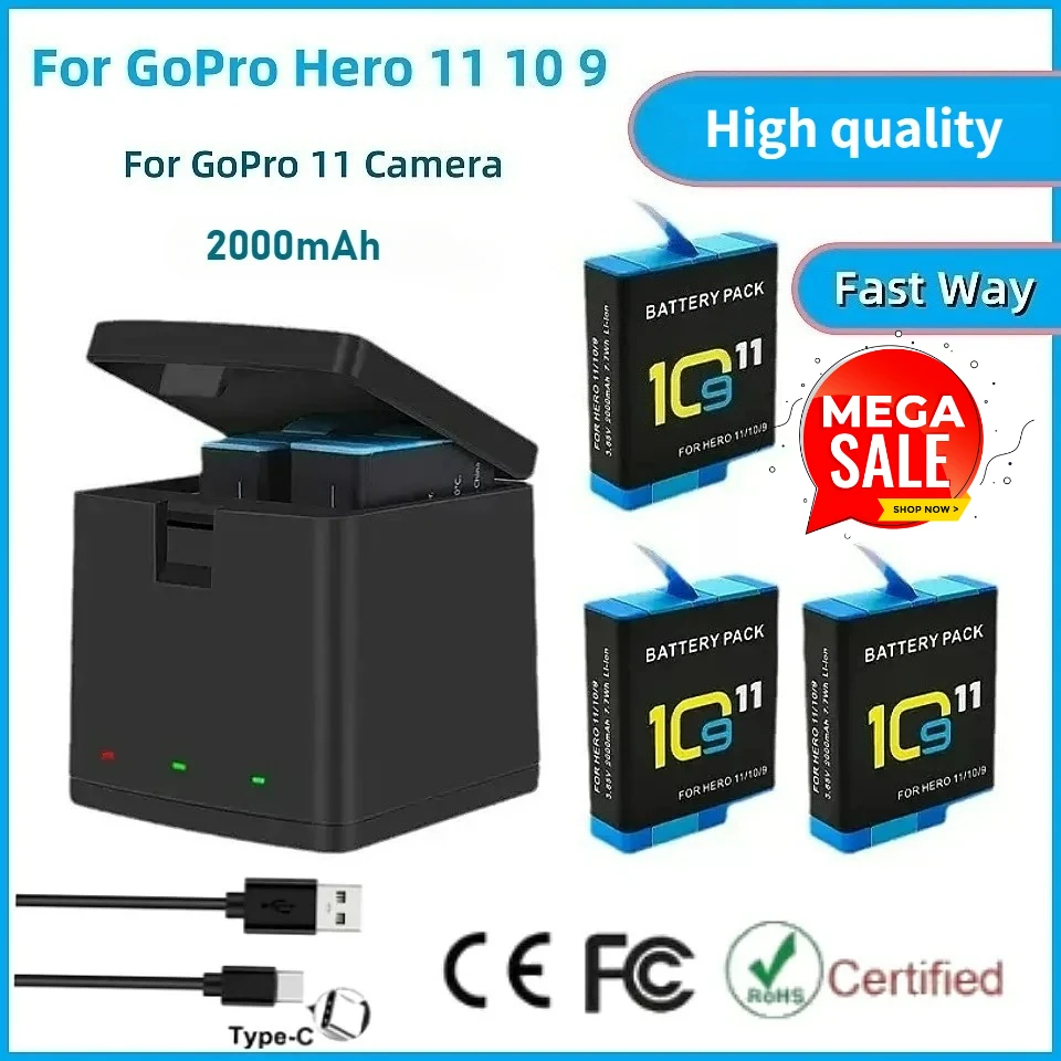 Batterie et Chargeur pour GoPro Hero 12/11/10/9 - Lot de 1 à 5