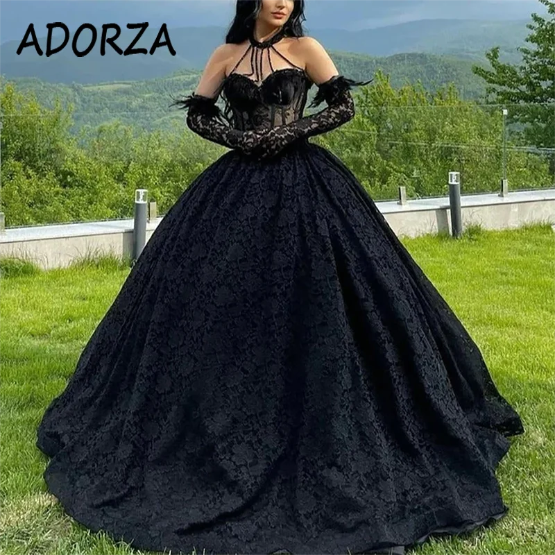 

ADORZA Wedding Dress Gothic Lace Appliques Halter Bridal Gown Sweetheart Illusion Black Court Train Vestido De Noiva for Bride