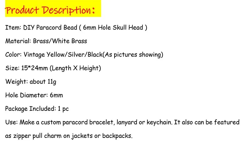Description Picture 2 of item6mm Hole Skull Brass Knife Beads EDC Umbrella Rope Outdoor Vintage Skeleton Head Paracord Woven Lanyard Pendants DIY Accessories