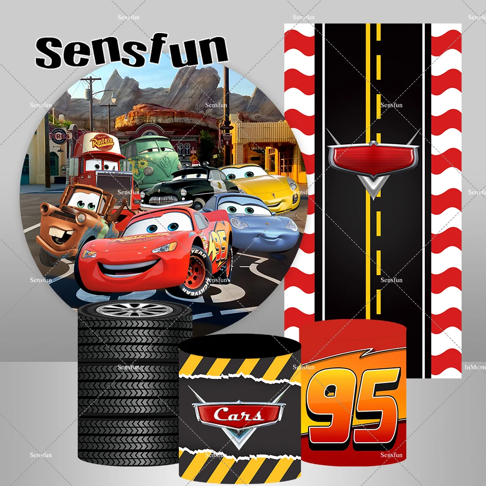 

Movie Cars Round Backdrop Boys Birthday Party Baby Shower Kids Racing Story Flags Route 66 Rectangle Photography Background