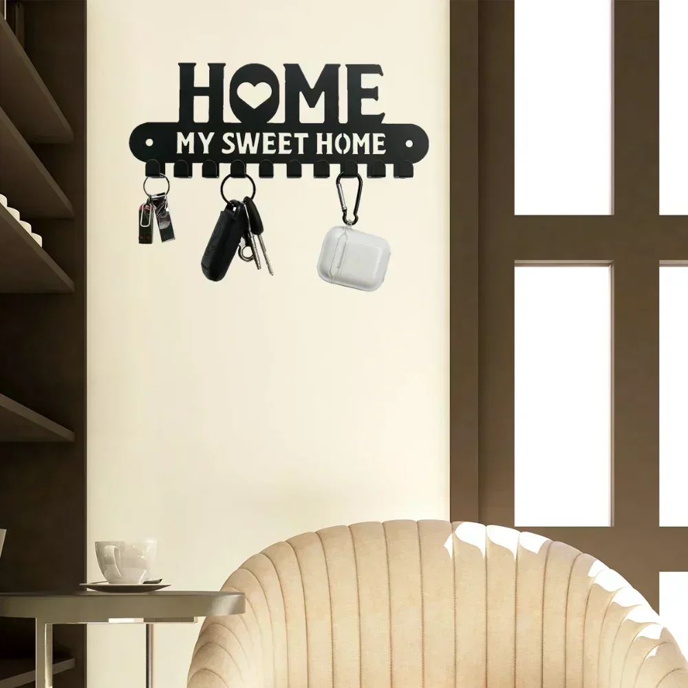 Metal Wall Key Holder Black Metal Wall-Mounted Key Holder Hooks Artistic Iron Coat Rack for Home Entryway and Kitchen