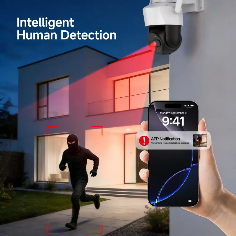 4G LTE Solar Security Camera 5MP PTZ Battery Powered Outdoor Cam with AI Human Detection AOV Mode Surveillance for No WiFi Areas 5