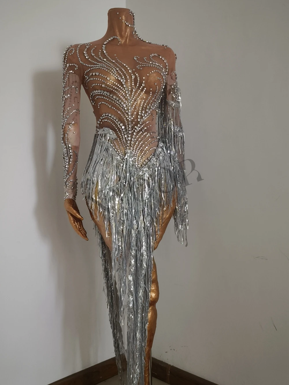 Sparkly Rhinestones Sequins Fringes Birthday Celebrate Evening Dress Women Sexy Mesh Transparent Dance Costume Photo Shoot Wear 
