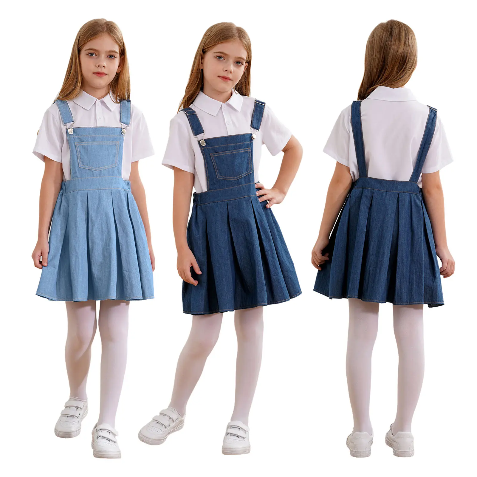 Kids Girls Adjustable Strap Bib Skirt Denim Overall Dress Pleated Suspender Casual Overalls Pleated Daily Dresses with Pocket