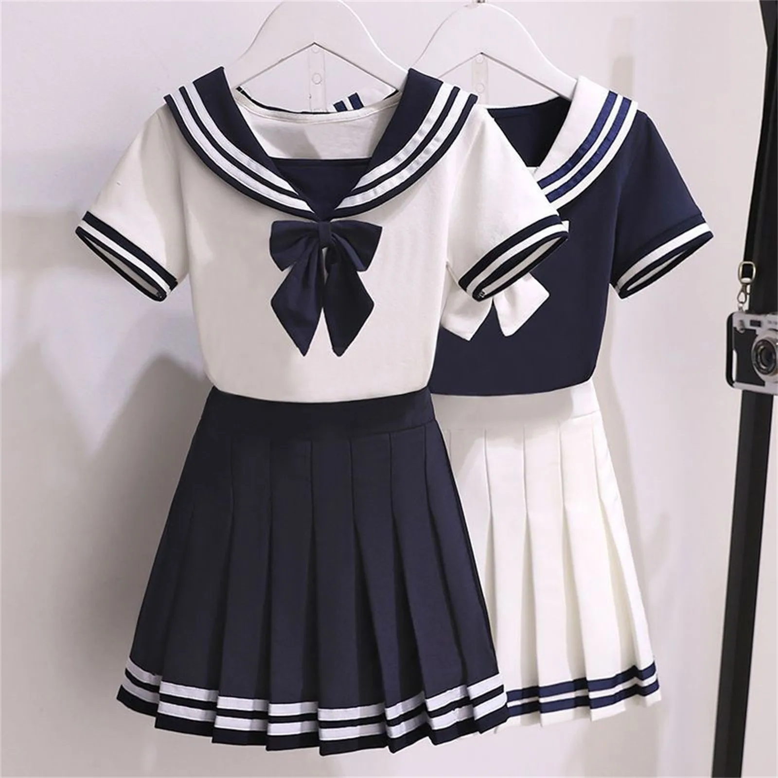 

Black White JK Uniform Summer Short Sleeve Shirt+Pleated Skirts Japanese School Uniforms 4-10T Girls Sailor Sets JK Uniform COS