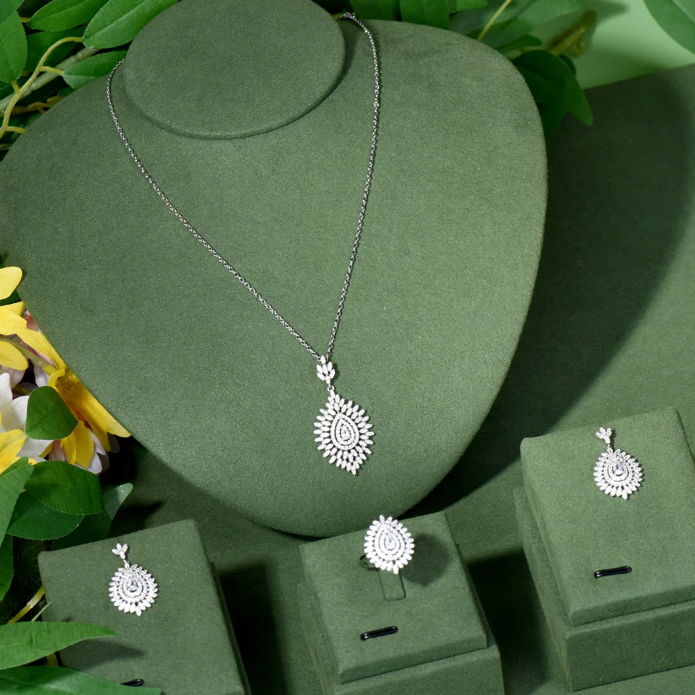 

NAIKELISI 4pcs Bright White African Nigerian CZ Zirconia Flower Leaf Necklace Jewelry Sets for Wedding Bridal Party Wear N-97