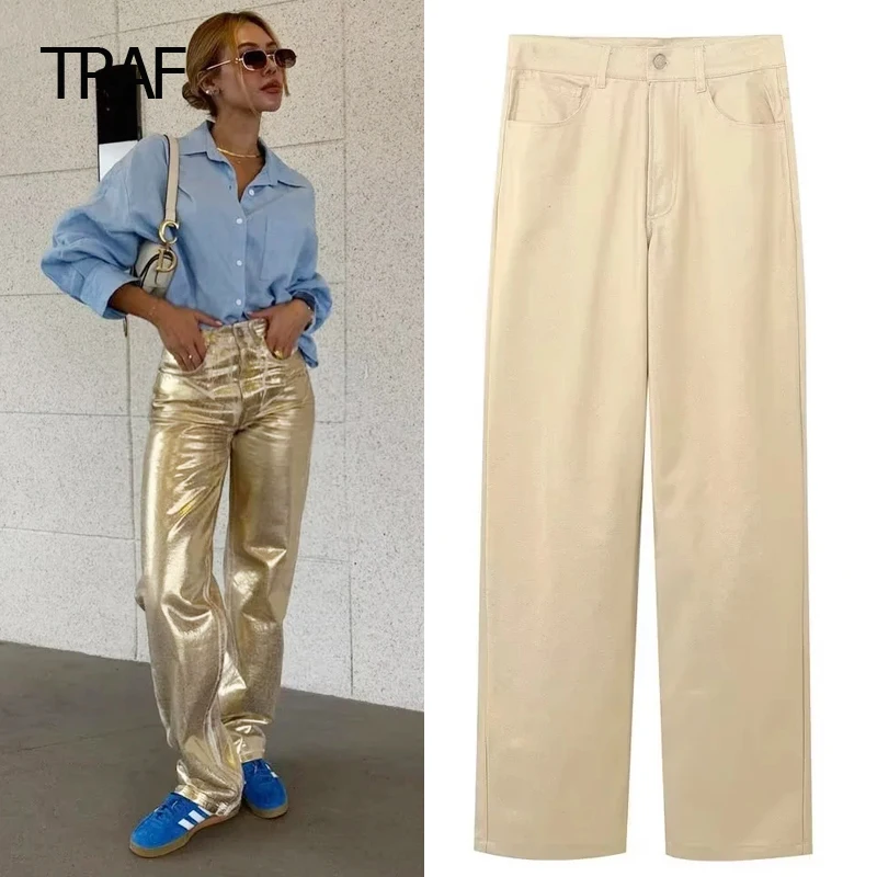 

TRAF Women's Pants Spring 2024 Golden Leggings Pants High Waist Slacks Tailoring Pants New In Pants Korean Reviews Many Clothes