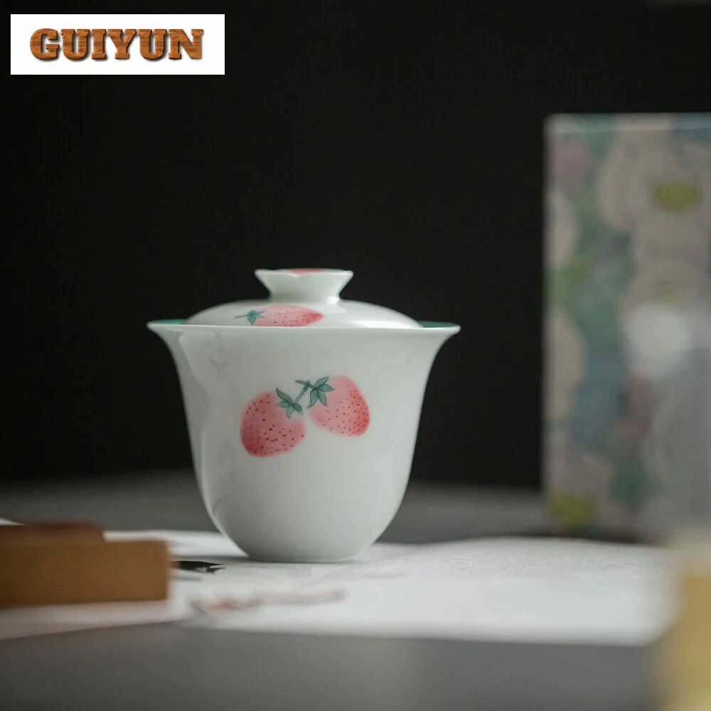120ml Hand-painted Strawberry Gaiwan Japanese Pink Literati Tea Tureen Chinese Tea Brewing Cover Bowl Drinkware Supplies Craft
