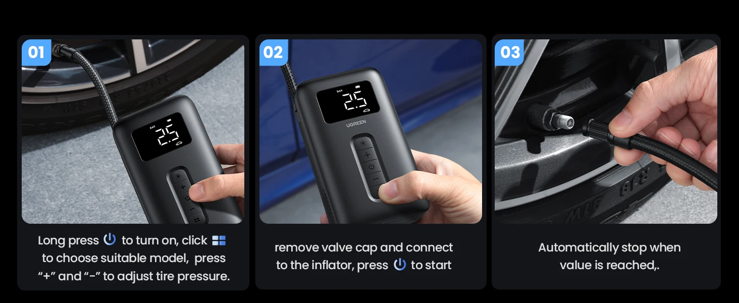 UGREEN Portable Tire Inflator Air Compressor 150PSI 5000mAh Battery with LED Light description image 11