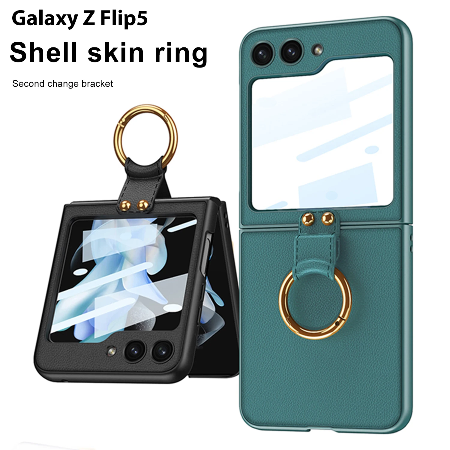

For Samsung Galaxy Z Flip 5 Case Ultra-thin Skin-friendly Matte Plain Leather Ring Bracket Mirror Film Folding Shockproof Cover