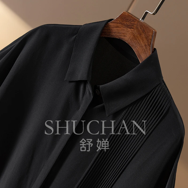 Black Shirt Women New 2024 Batwing Sleeve Oversized 100% Natural Silk Blusas Mujer De Moda verano