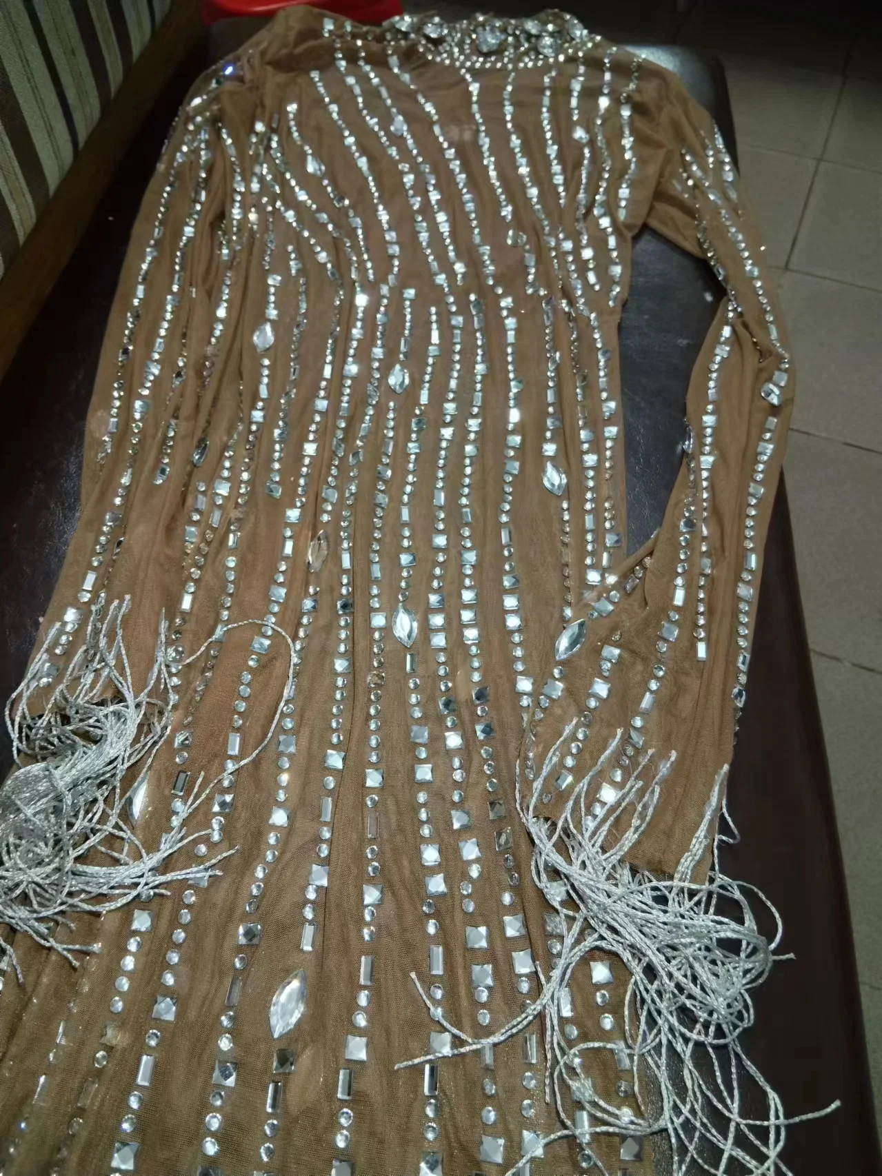 Sparkly Silver Big Rhinestone Transparent Long Dress Evening Birthday Celebrate Luxurious Costume Dancer Flashing Dress