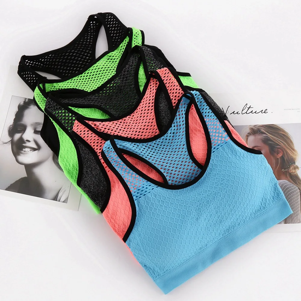 Sports Bra Mesh Sports Bra Hollow Out Sport Top Seamless Fitness Yoga Bras Women Gym Top Padded Running Vest Shockproof Push Up Crop
