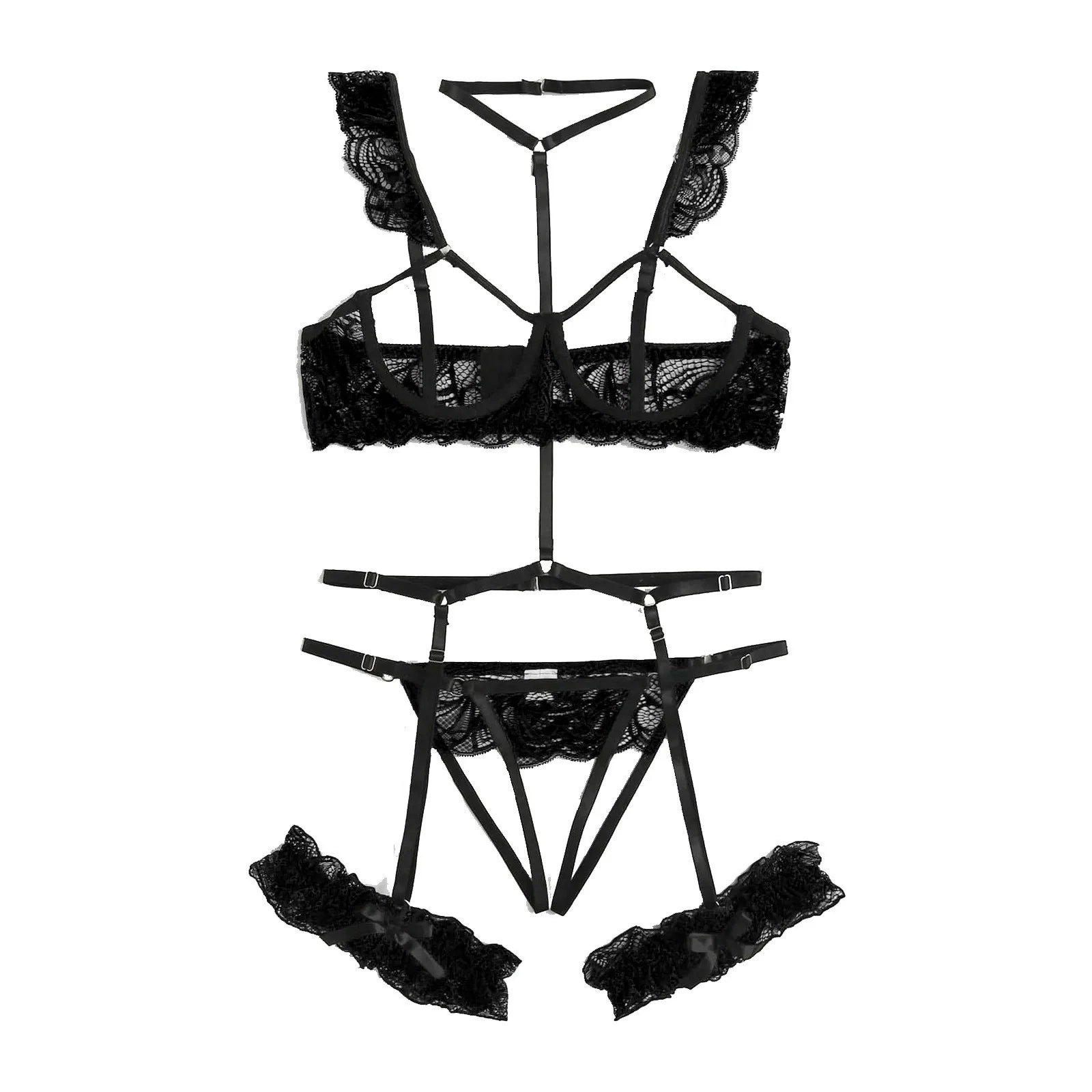 Conjunto de lencería sexy para mujer, ropa interior erótica transparente, 3 piezas de lencería para mujer, conjuntos de sujetador de encaje, lencería femenina_voghion.com