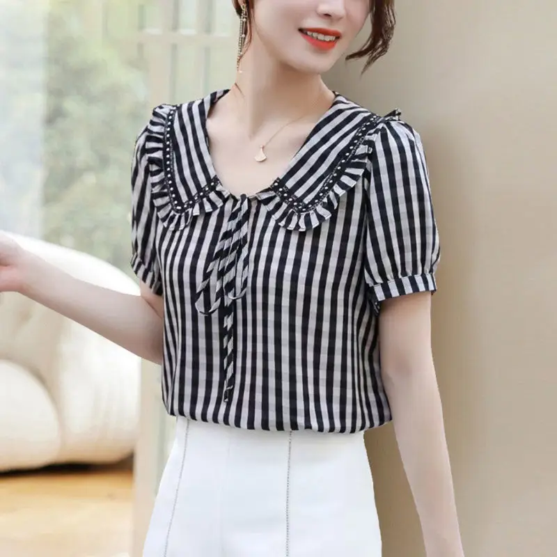 

Sweet Peter Pan Collar Lace Up Bow Ruffles Striped Blouse Women's Clothing 2023 Spring New Oversized Casual Tops Korean Shirt