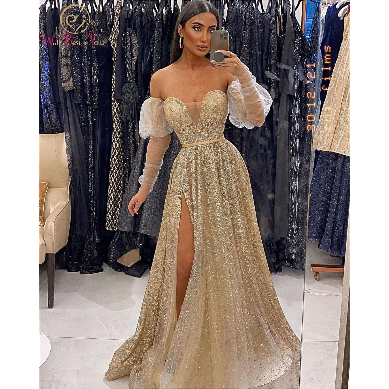 

Gold Bling Evening Dress 2022 Beaded Glitters Off Shoulder Long Sleeves Sweetheart A Line Slit Prom Gown Women Party Graduation