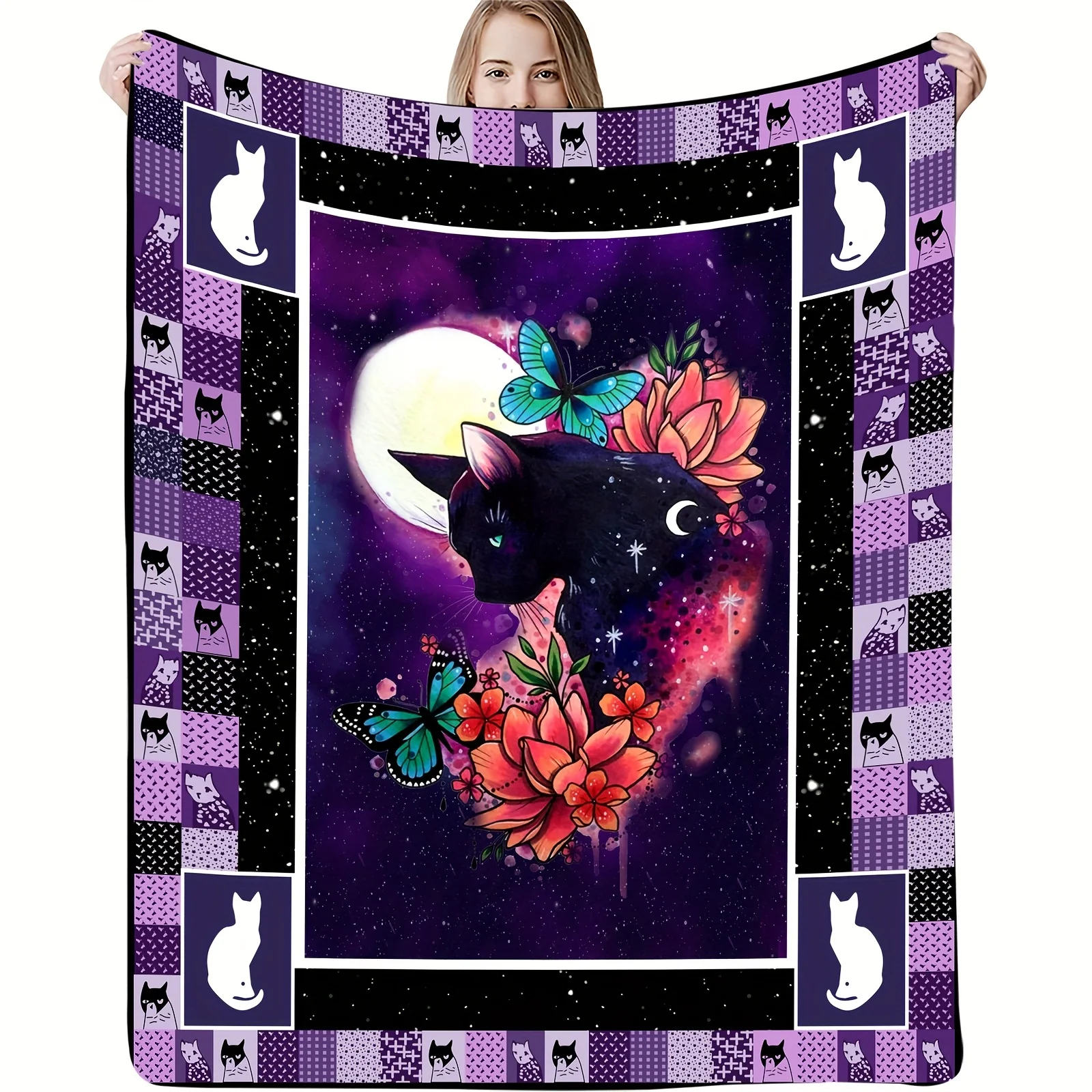 

1pc Butterfly Cat Print Flannel Blanket, Soft Cozy Throw Blanket For Sofa, Bed, Living Room Decor