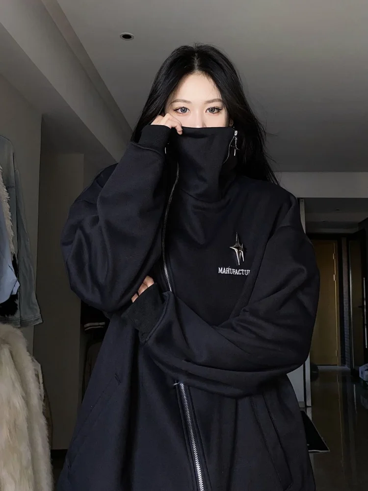 ADAgirl Streetwear Sweatshirt with Zipper Women Irregular Turn-down Collar Oversized Hoodie Loose Casual High Street Female Tops