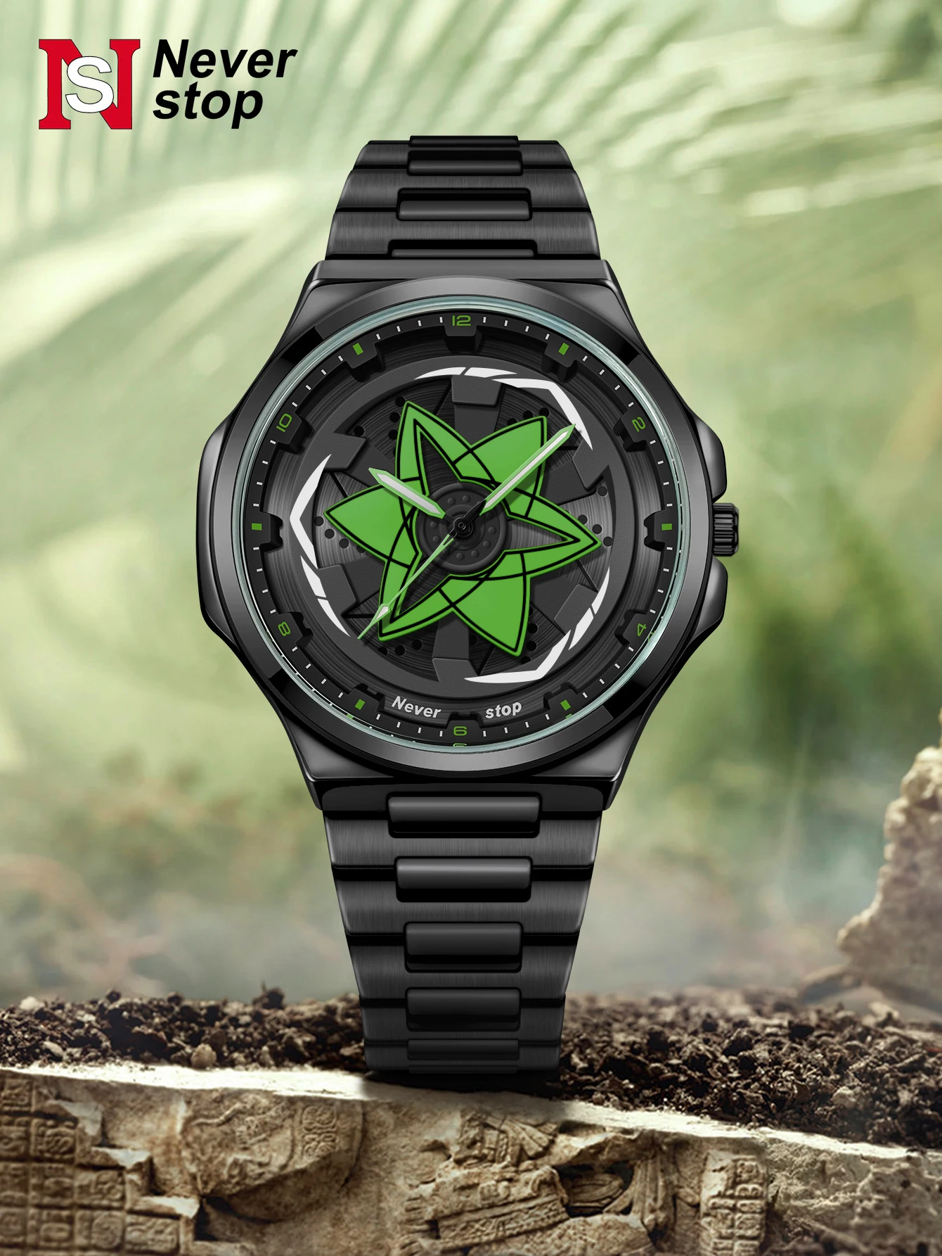 Men's Black Steel Strap Watch with Rotatable Dial - Stylish Creative Holiday Gift