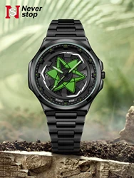 Men's Black Steel Strap Watch with Rotatable Dial - Stylish Creative Holiday Gift (Green)