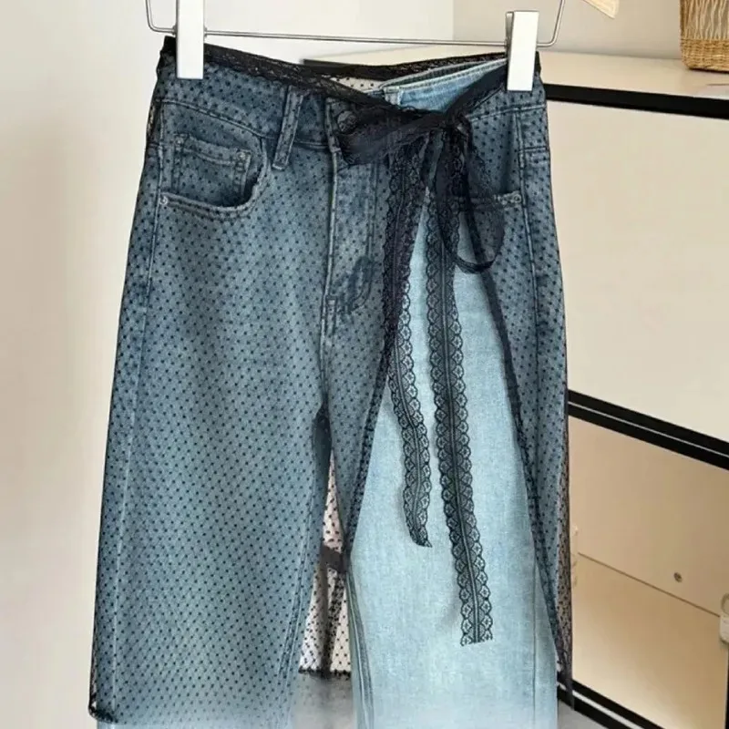 Korean Fashion Lace Irregular Skirt Curtain White Flowers Lace Mesh Halfbody Skirt Women Y2K Bottoms Jeans Decorative Hemline