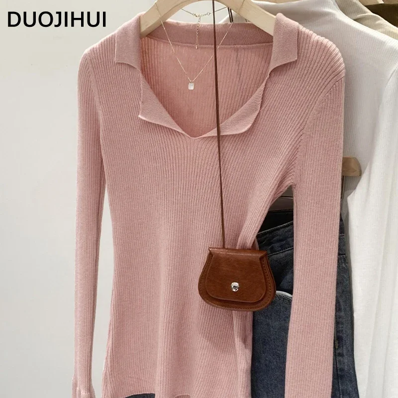 

DUOJIHUI розовые Chicly поло с воротником тонкие вязаные женские Пуловеры Осенние Новые однотонные Модные Простые повседневные Мягкие женские пуловеры