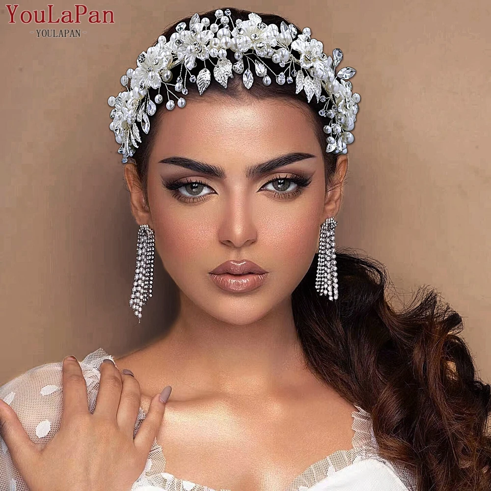 YouLaPan Pearls Rhinestone Headband for Bride Handmade Alloy Leaf Jewelry Hair Accessories Woman Wedding Crystal Headwear HP603