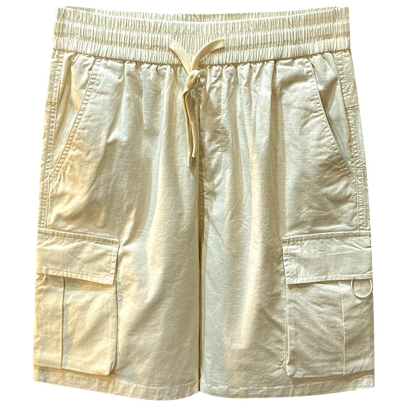 Creamy-white Men's Casual Overalls Pants Summer Thin Multi-Pocket Design Pu Shuai All-Match Beach Sports Fifth Pants