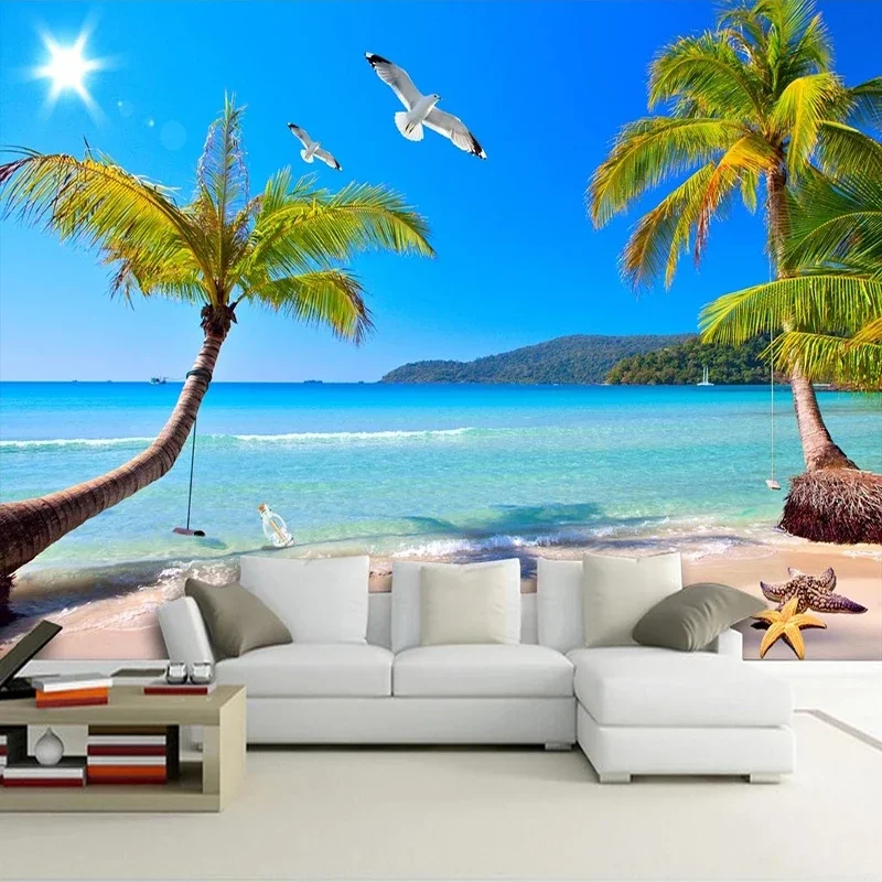 Custom 3D Photo Wallpaper Seascape Coconut Tree Beach Landscape Wall Painting Living Room Sofa TV Background Mural Wall Decals