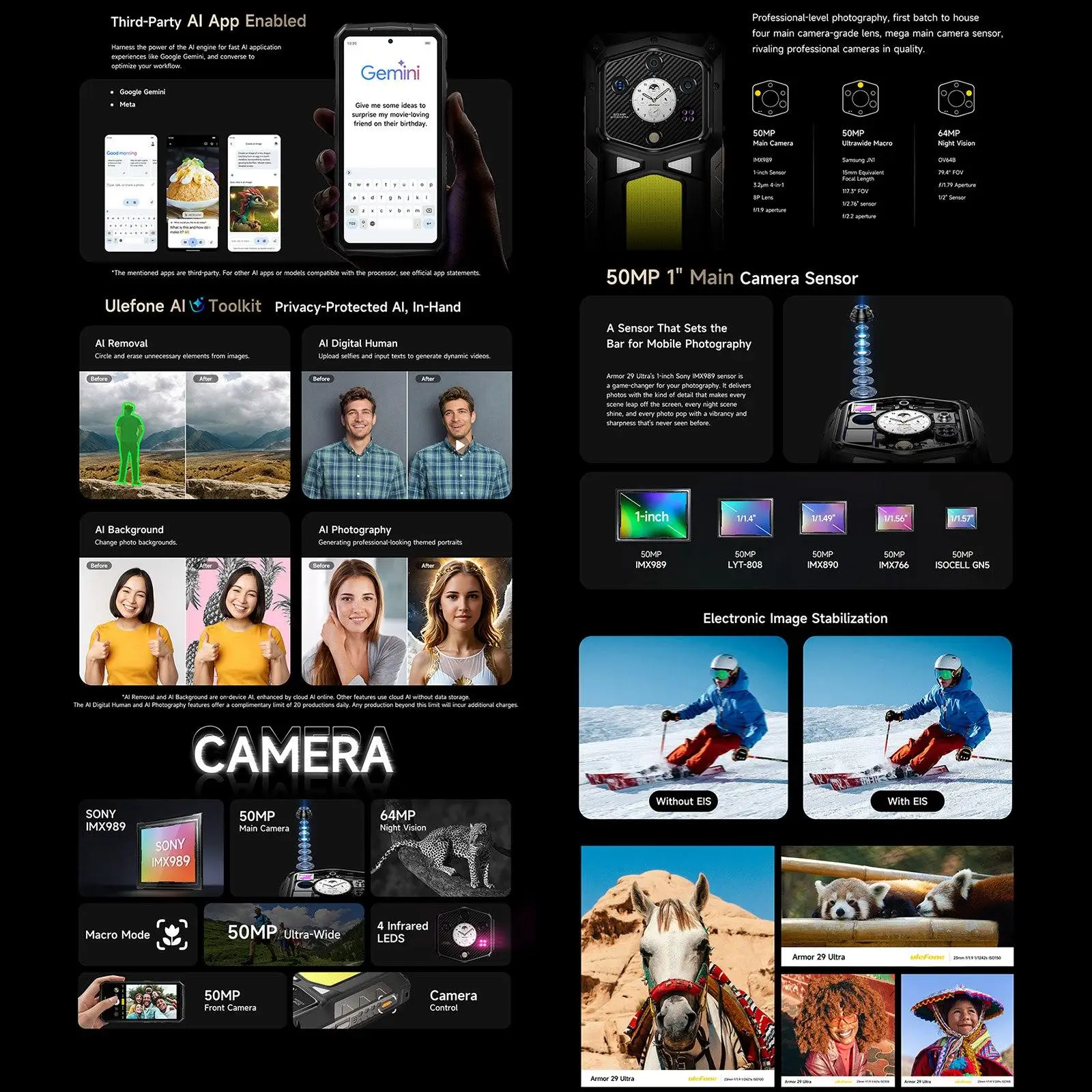 Ulefone Armor 29 Ultra 5G AI Rugged Phone 16GB+1TB Night Vision 21200mAh 6.67" Dimensity 9300 Versatile LED Light NFC Smartphone