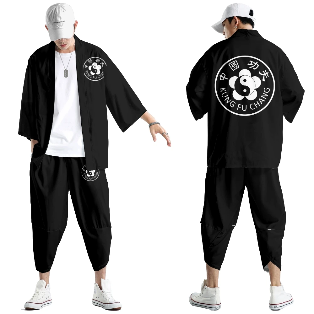 Two-piece Suit Japanese Style Lion Dance Print Japanese Fashion Kimono And Pants Set Men Cardigan Blouse Haori Obi Asian Clothes