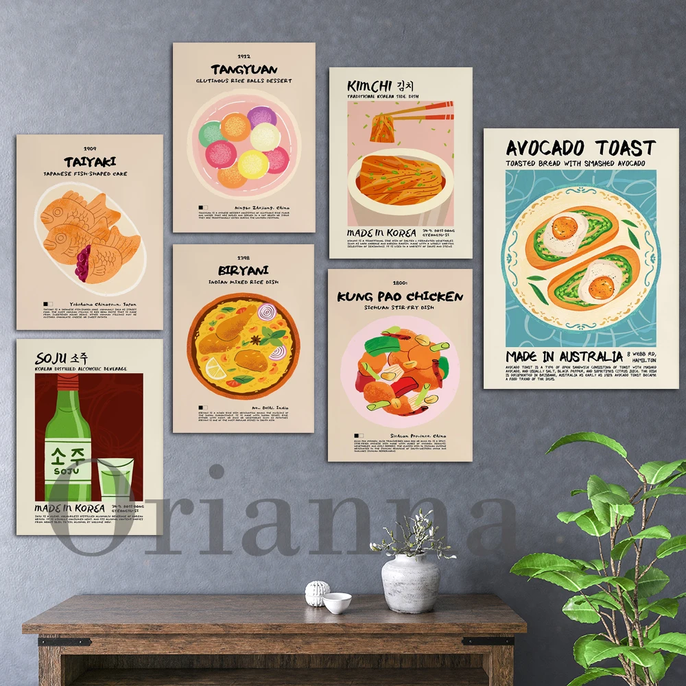Aguacate tostado Tangyuan Biryani Soju Kimchi Kung Pao pollo Taiyaki comida asiática póster Retro arte de pared decoración de cocina moderna imprimir